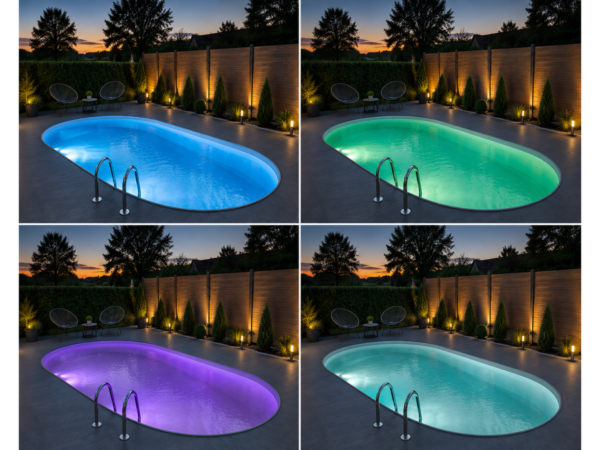 Piscină ovală îngropată MTH Atlantic noaptea, cu iluminare LED subacvatică în patru culori