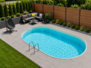 Piscină ovală îngropată MTH Atlantic cu profile din aluminiu și liner nisipiu într-o curte modernă