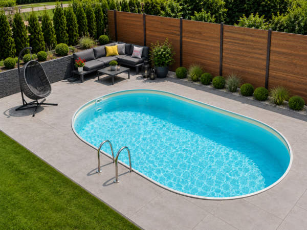 Piscină ovală îngropată MTH Atlantic cu profile din aluminiu și liner nisipiu într-o curte modernă