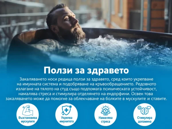 Инфографика за придобивките од калењето со ладна овална када – мускули, имунитет, стрес и допамин