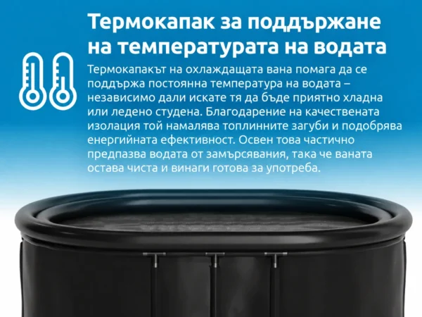 Инфографика за термокапакот на овална када за ладно потопување, кој ја одржува температурата на водата