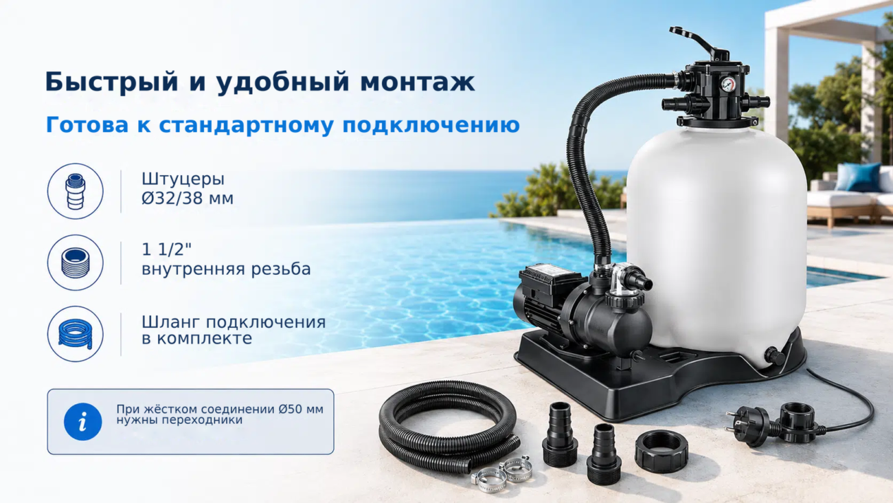 Песочная фильтровальная система POOLSANA Plus 400/Pump 75 – для бассейнов до 35 м³ – Быстрый и удобный монтаж, Готова к станд