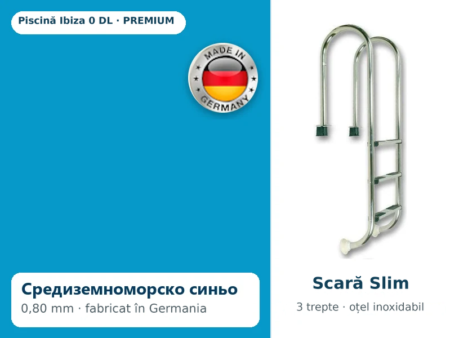 Piscina Ibiza 1 DL pachet PREMIUM – liner albastru mediteranean 0,80 mm și scară Slim cu 3 trepte