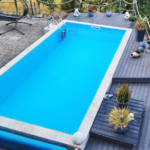 Правоъгълен стиропорен басейн Poolsana със синя облицовка и стълба от неръждаема стомана