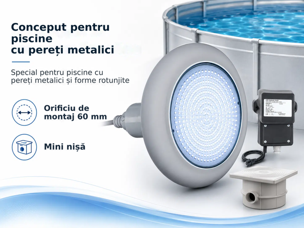Proiector LED pentru piscină POOLSANA VARIO 18W cu ramă gri, set cu transformator și doză de conexiuni – Conceput pentru pisc