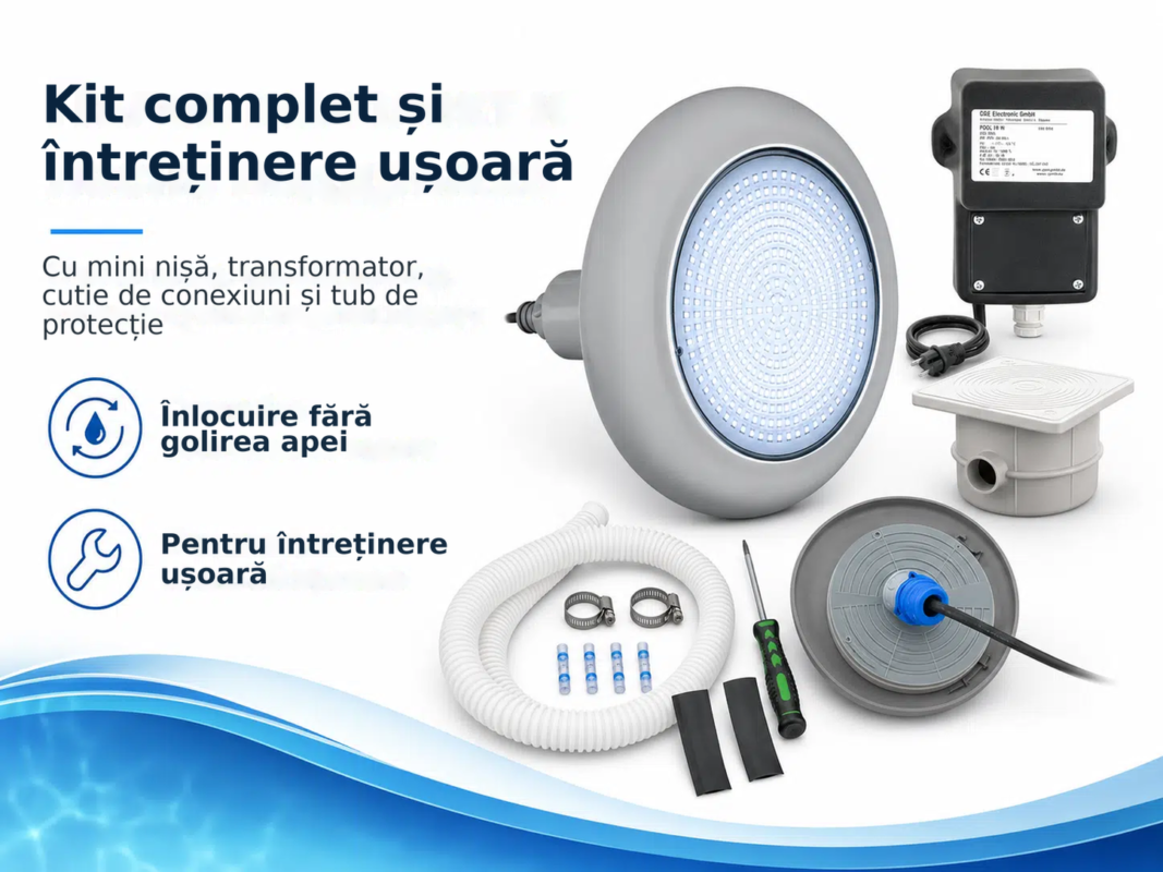 Proiector LED pentru piscină POOLSANA VARIO 18W cu ramă gri, set cu transformator și doză de conexiuni – Kit complet și între