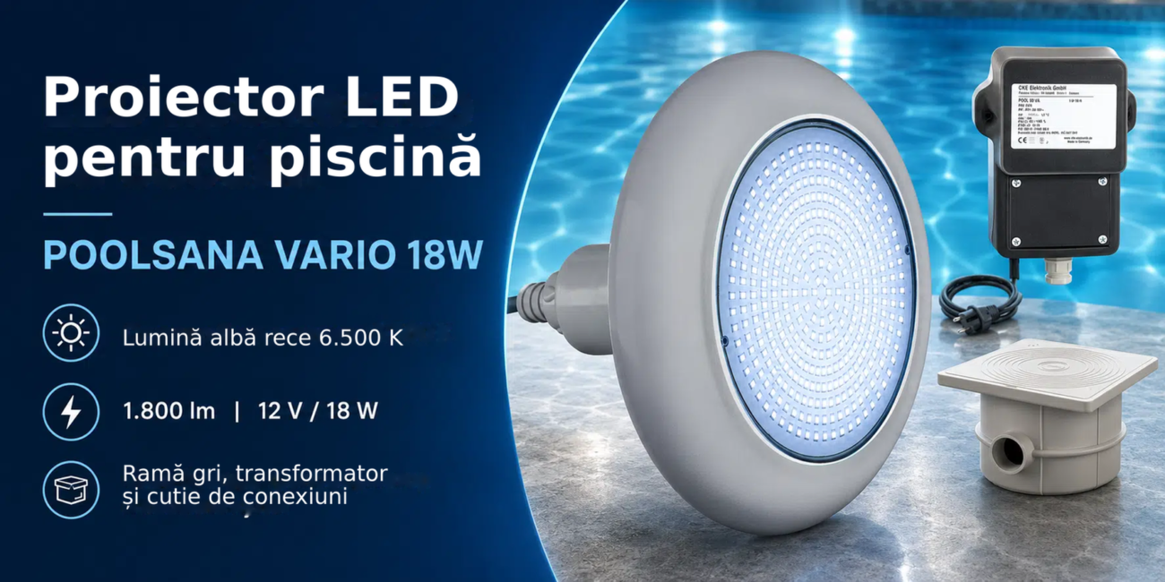Proiector LED pentru piscină POOLSANA VARIO 18W cu ramă gri, set cu transformator și doză de conexiuni – Proiector LED, pentr
