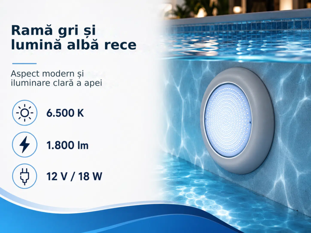 Proiector LED pentru piscină POOLSANA VARIO 18W cu ramă gri, set cu transformator și doză de conexiuni – Ramă gri și lumină a