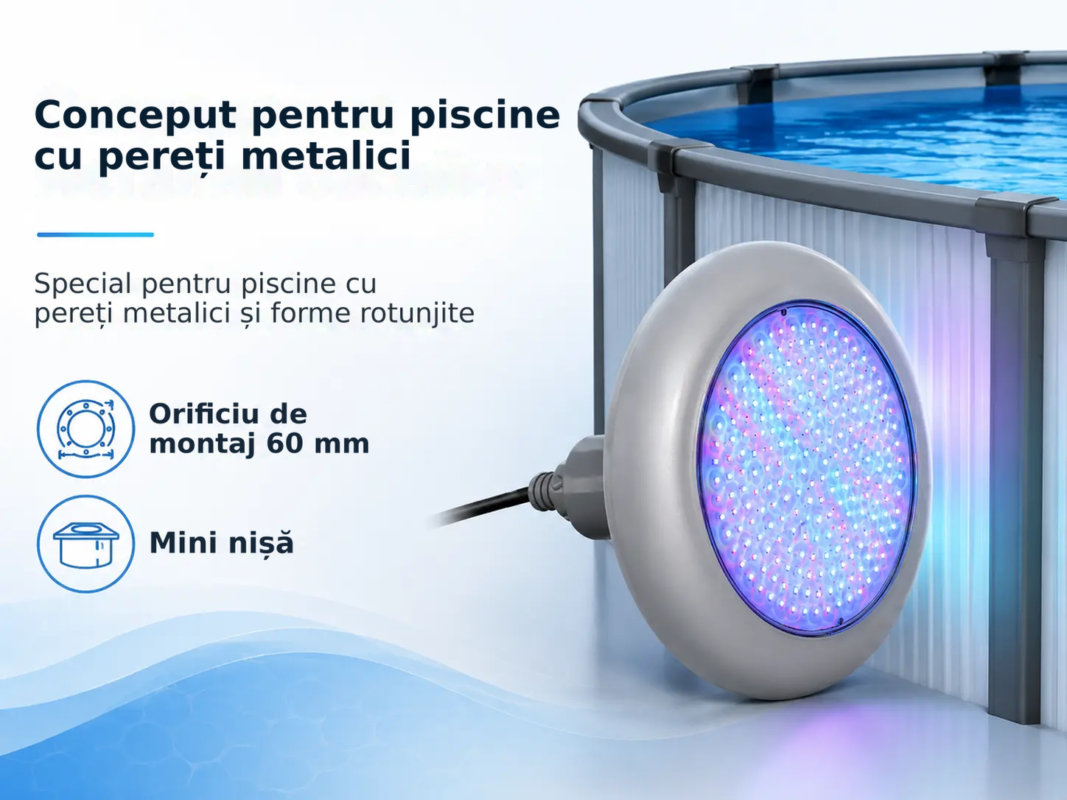 Proiector LED RGB POOLSANA VARIO 25W cu 7 culori, ramă gri și transformator – Concept pentru piscine, cu pereți metalici