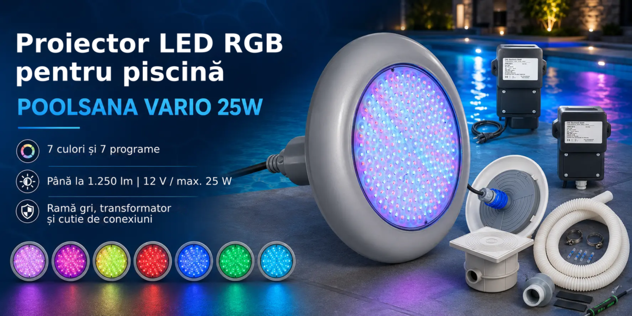 Proiector LED RGB POOLSANA VARIO 25W cu 7 culori, ramă gri și transformator – Proiector LED RGB, pentru piscină