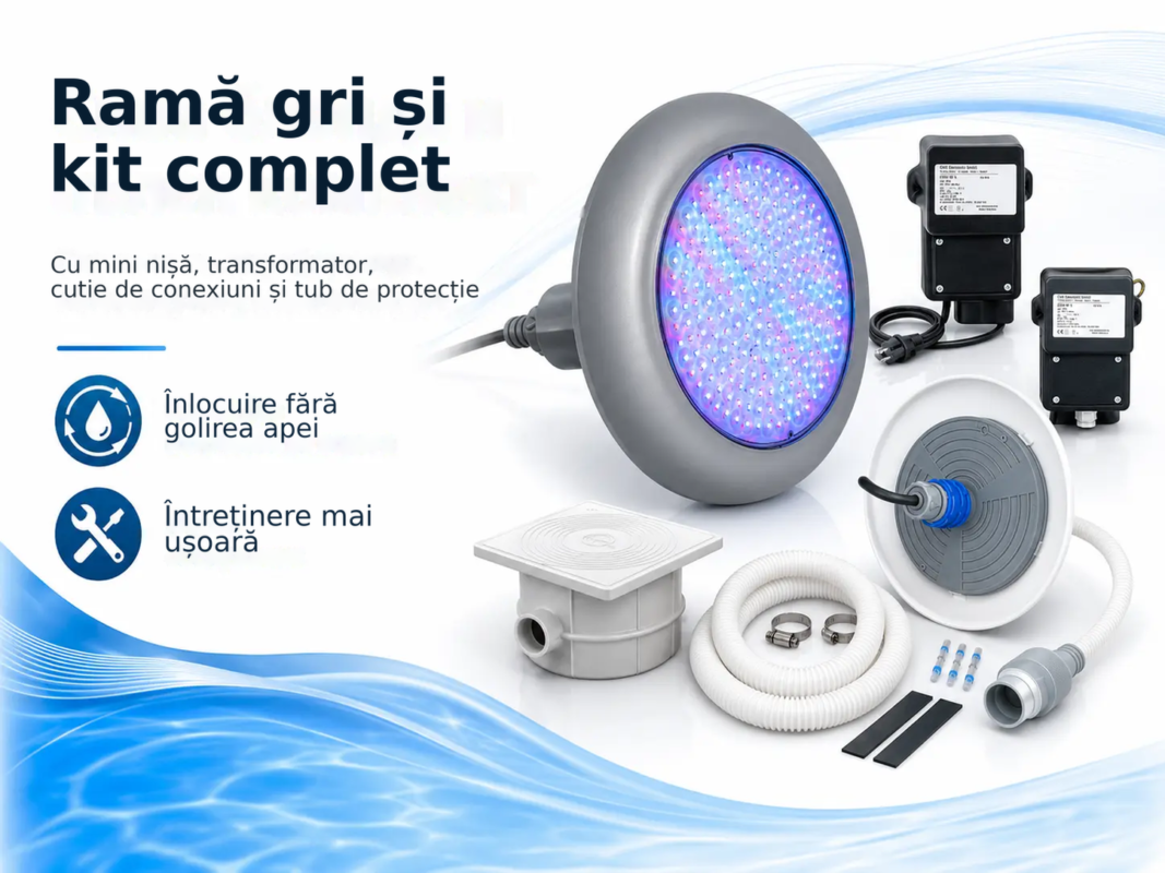 Proiector LED RGB POOLSANA VARIO 25W cu 7 culori, ramă gri și transformator – Ramă gri și, kit complet