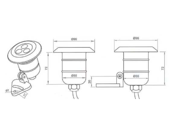 Схема с размерами LED-прожектора 3 W / 12 V – Ø 96 мм, высота 72 мм, Ø 55 мм