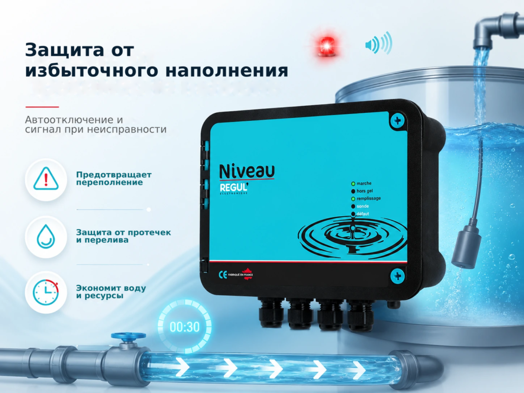 REGUL Niveau – автоматическая подпитка водой бассейна и спа с электромагнитным клапаном – Защита от избыточного наполнения, А