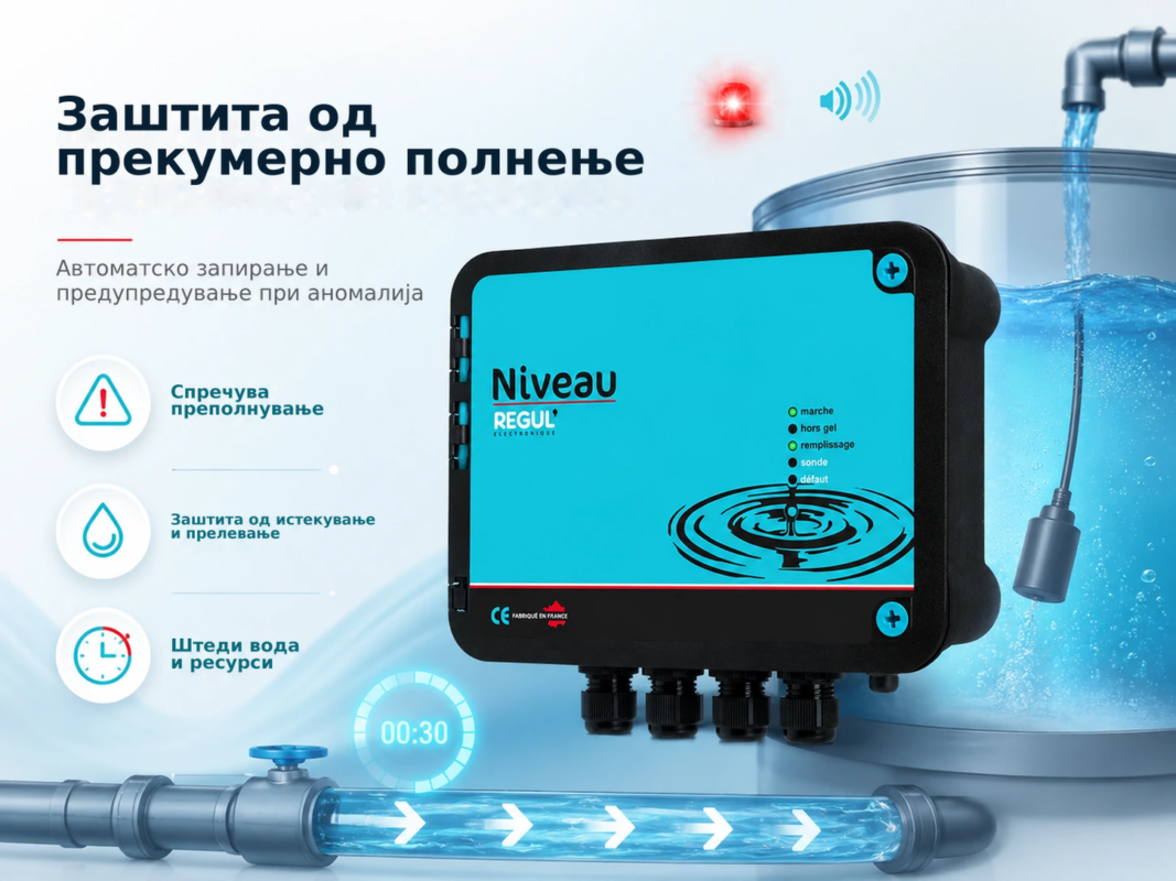 REGUL Niveau – автоматско дополнување вода за базен и спа со електромагнетен вентил – Заштита од прекумерно полнење, Автоматс