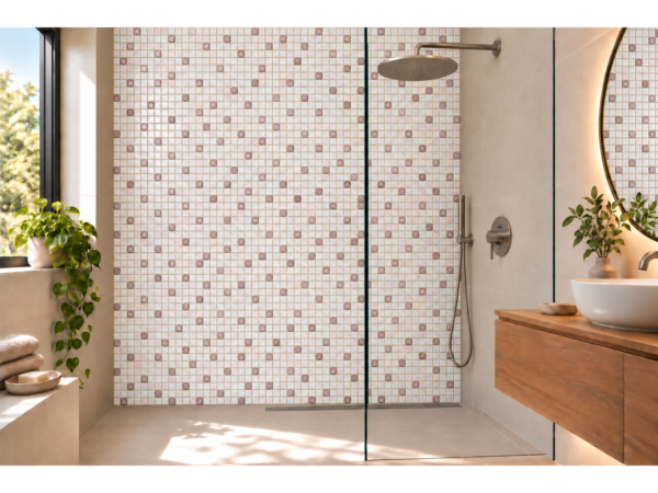 Mozaic în relief din sticlă ceramică pentru baie Cipria – baie cu un perete accent din mozaic