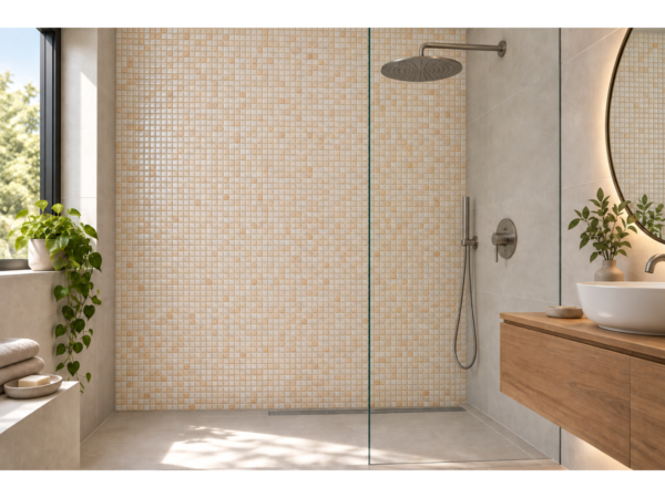 Embossed glass-ceramic bathroom mosaic Mandorla – bathroom with an accent wall in the mosaic