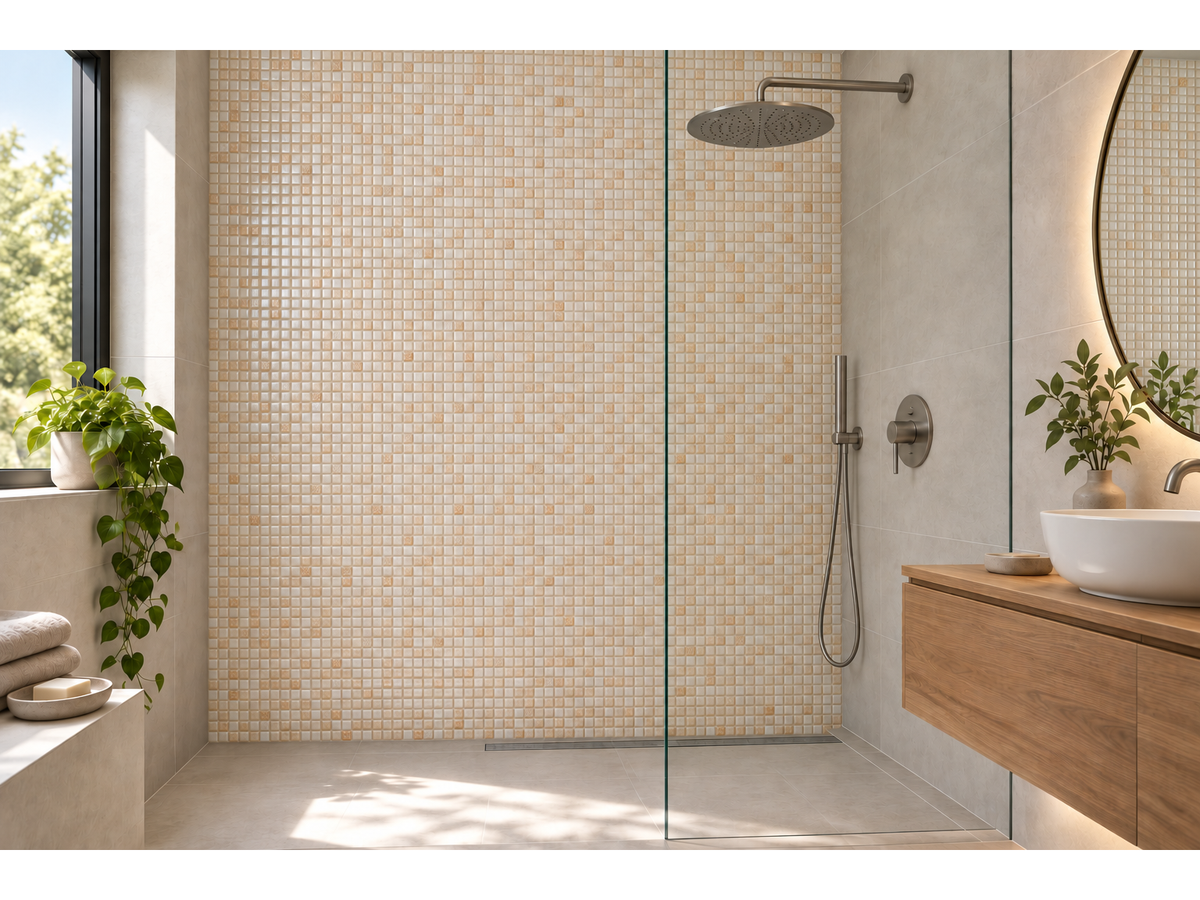 Embossed glass-ceramic bathroom mosaic Mandorla – bathroom with an accent wall in the mosaic