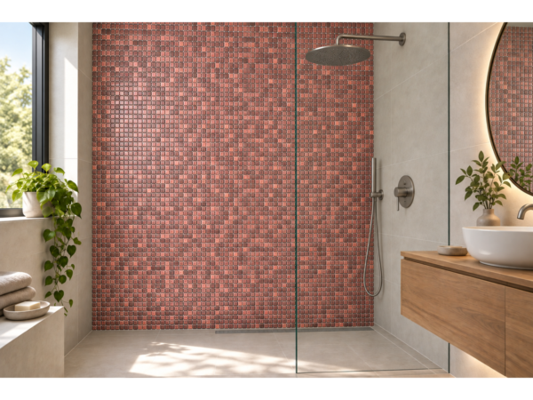 Embossed glass-ceramic bathroom mosaic Mogano – bathroom with an accent wall in the mosaic