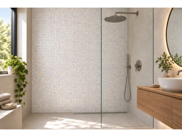 Reliefiertes Glaskeramik-Mosaik für das Bad Rosato – Bad mit Akzentwand aus dem Mosaik