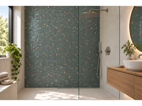 Reliefiertes Glaskeramik-Mosaik für das Bad Schwarzwald – Bad mit Akzentwand aus dem Mosaik