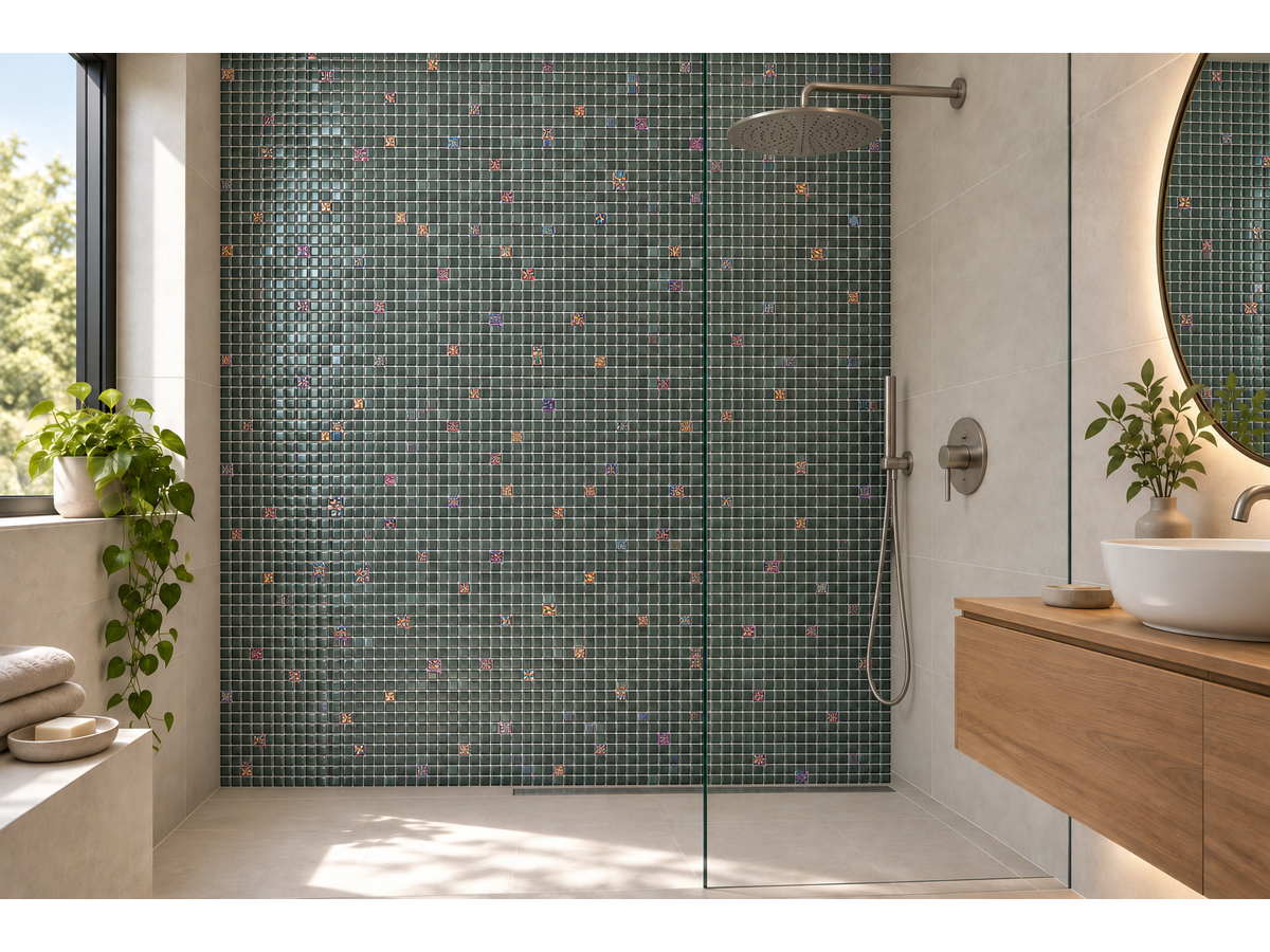 Reliefiertes Glaskeramik-Mosaik für das Bad Schwarzwald – Bad mit Akzentwand aus dem Mosaik