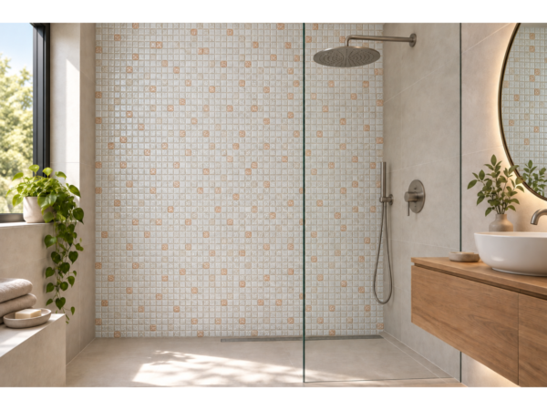 Embossed glass-ceramic bathroom mosaic Tulipano – bathroom with an accent wall in the mosaic