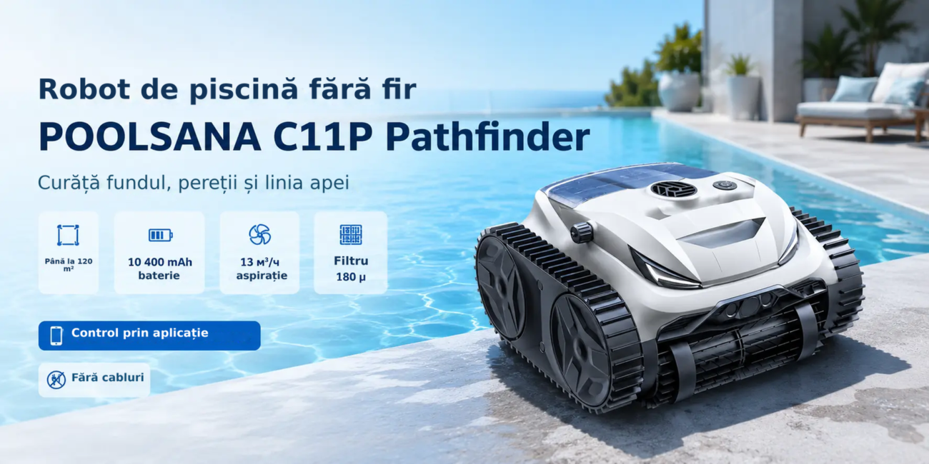 Robot fără fir pentru piscină POOLSANA C11P Pathfinder – curățare a fundului, pereților și liniei de apă până la 120 m² – Rob