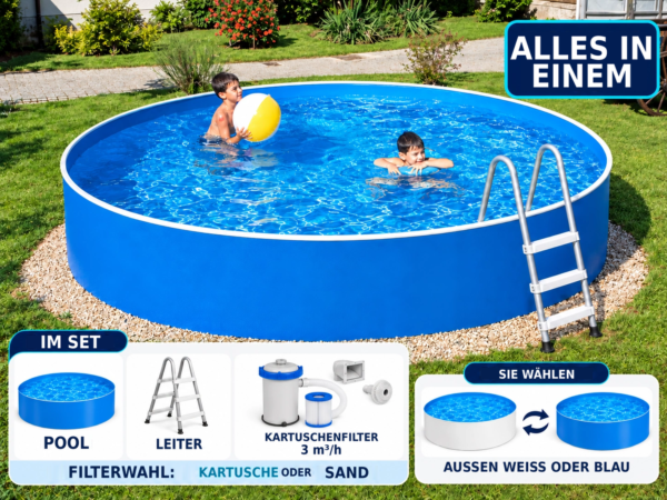 Runder Aufstellpool AZURO 460 Ø 4,60 × 0,90 m mit Leiter und Filter