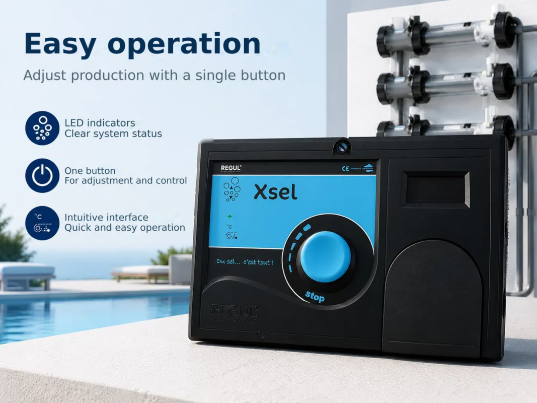 Salt electrolysis REGUL Xsel for pools up to 160 m³ – Easy operation, Adjust production with a single button