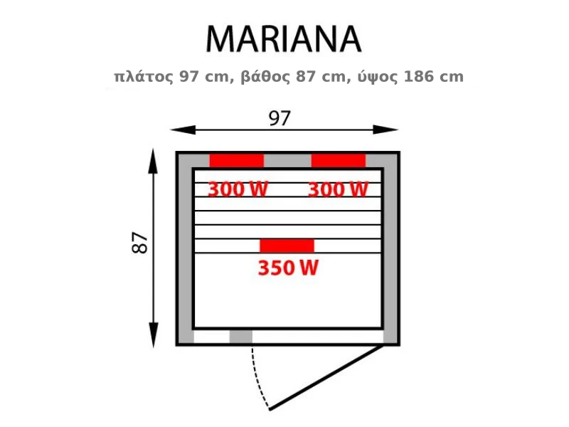 Σχέδιο της σάουνας υπερύθρων Mariana με διαστάσεις 97 x 87 x 186 εκ. και θερμαντήρες 300 W και 350 W