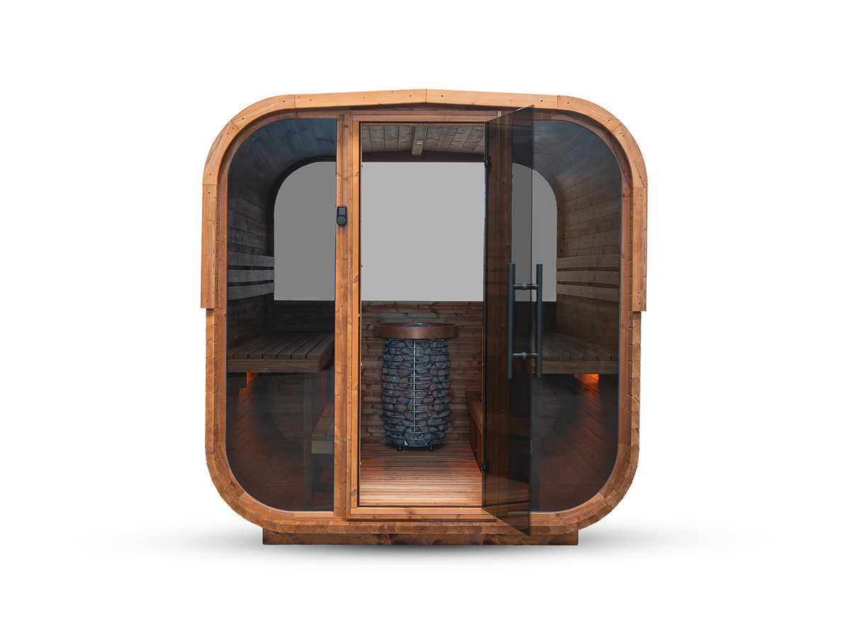 Сауна Hanscraft Quadra XL – остъклен фронт с отворена врата