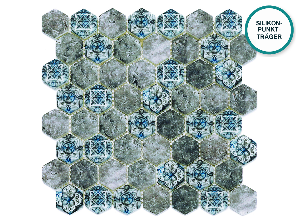 Sechseckiges Glaskeramik-Mosaik für das Bad Ardennes – dunkelgrün-blaues Patchwork-Muster, Bogen 300 × 290 mm