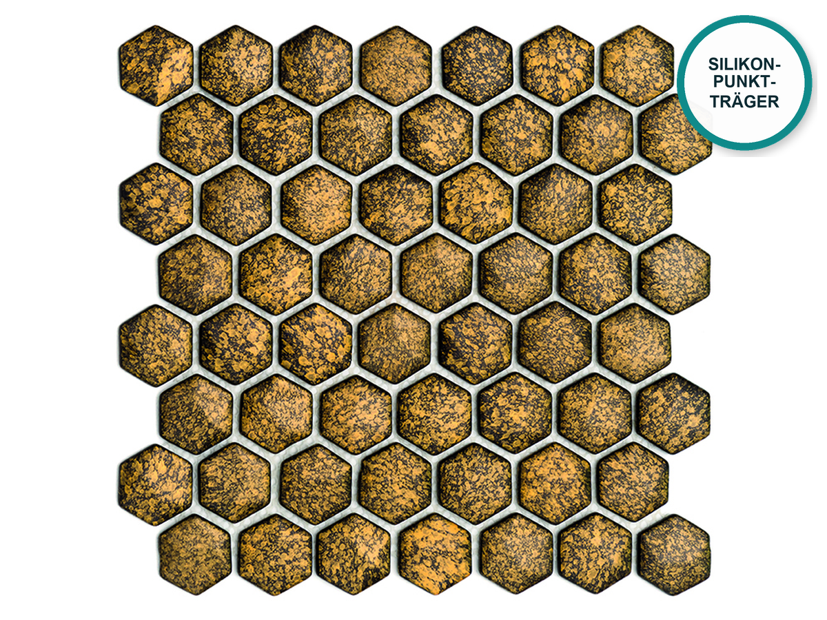Sechseckiges Glaskeramik-Mosaik für das Bad Gold Coast – goldfarben mit glitzernden Partikeln, Bogen 300 × 290 mm