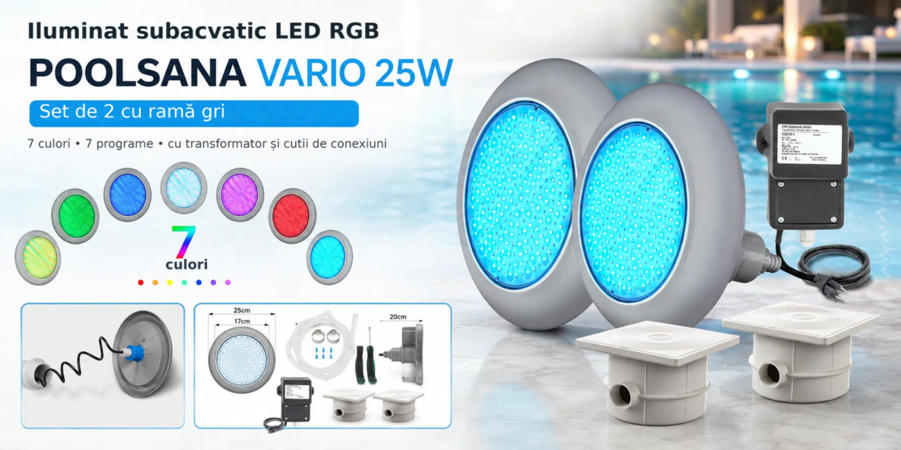 Set de 2 buc. iluminat subacvatic LED RGB POOLSANA VARIO 25W cu 7 culori și ramă gri – Iluminat subacvatic LED RGB, Set de 2
