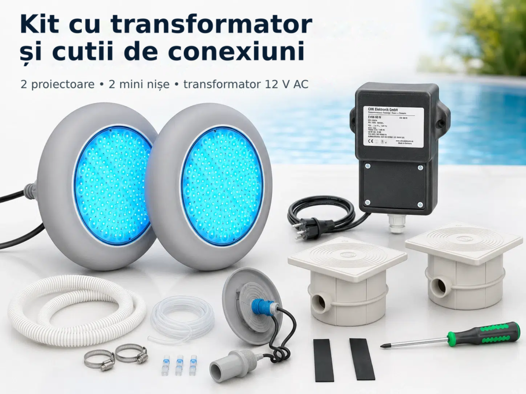 Set de 2 buc. iluminat subacvatic LED RGB POOLSANA VARIO 25W cu 7 culori și ramă gri – Kit cu transformator și cutii de conex