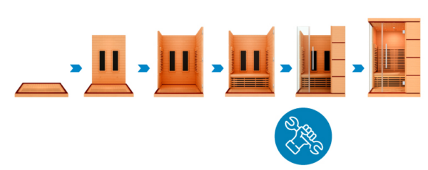 Diagram of the assembly stages of the Marimex POPULAR 3003 XL infrared sauna from the base to the finished cabin