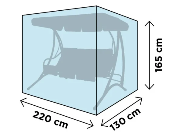 Maßschema der Schaukelabdeckung auf der Silhouette einer Gartenschaukel mit Dach