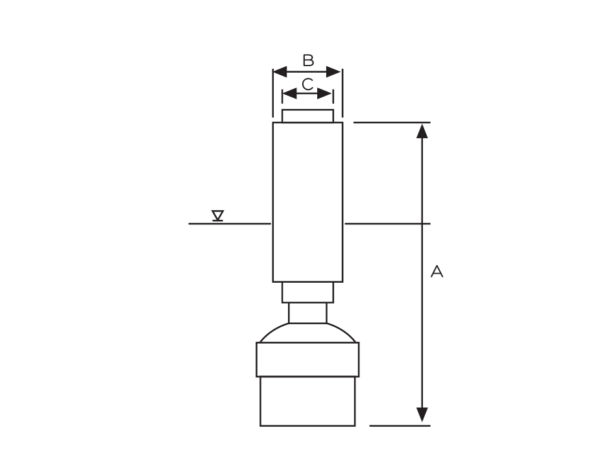 Diagram with dimensions A, B and C of a nozzle with inserted tubes Atlas Pool