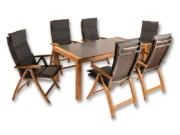 Six garden chairs with Graphite cushions around a rectangular table with a dark top