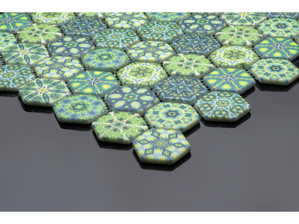 Hexagonal glass-ceramic mosaic for bathroom Bambù – cladding example