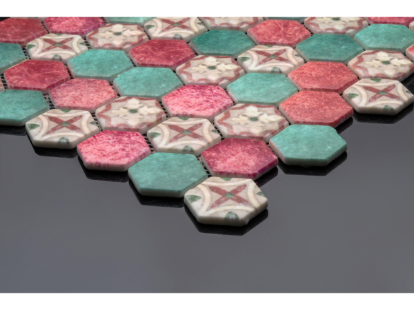 Hexagonal glass-ceramic mosaic for bathroom Bougainvillea – cladding example