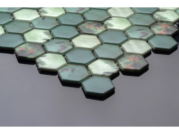 Hexagonal glass-ceramic mosaic for bathroom Ficus – cladding example