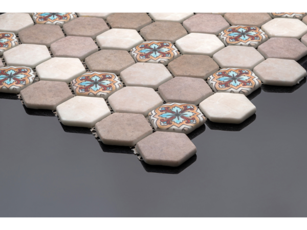 Hexagonal glass-ceramic mosaic for bathroom Sulmona – cladding example
