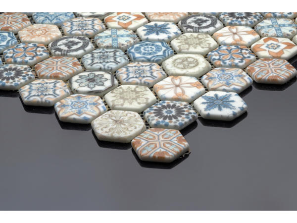 Hexagonal glass-ceramic mosaic for bathroom Udaipur – cladding example