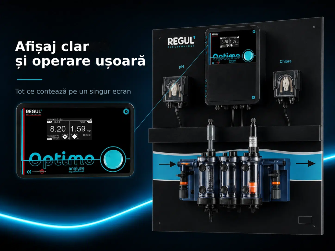 Sistem automat REGUL Optimo pentru controlul complet al apei din piscină – Afișaj clar și operare ușoară, Tot ce contează pe