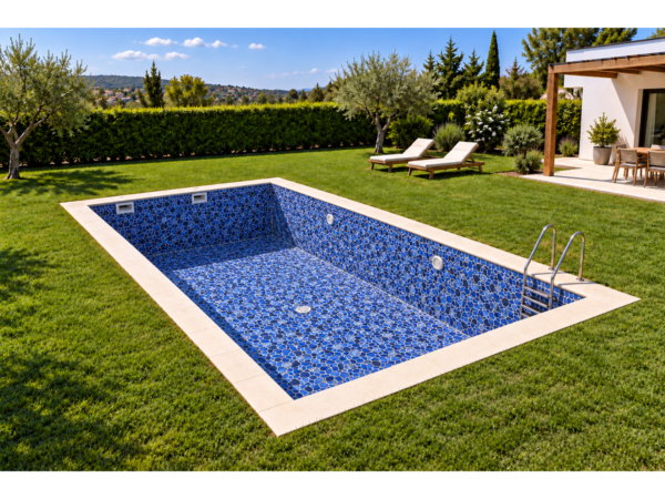 Mozaic puzzle din sticlă ceramică pentru piscină Barbados – piscină goală – culorile reale ale mozaicului fără apă
