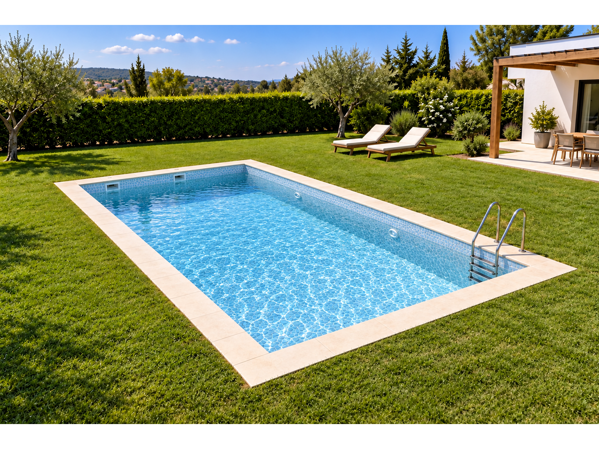 Glass-ceramic puzzle pool mosaic Comino – pool with water, lined with the mosaic