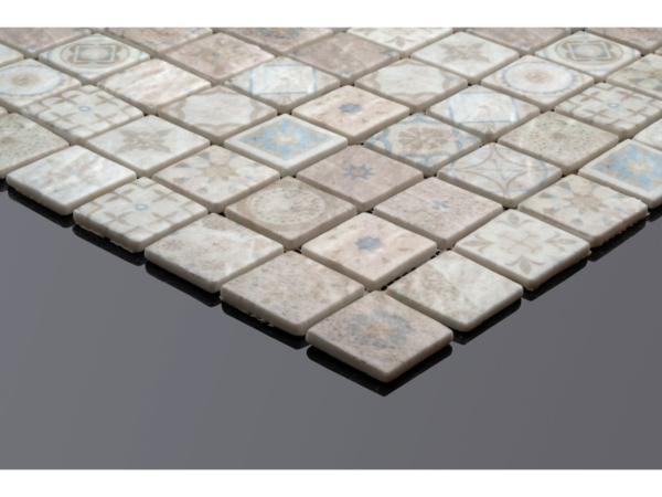 Patterned glass-ceramic mosaic for bathroom Assisi – cladding example