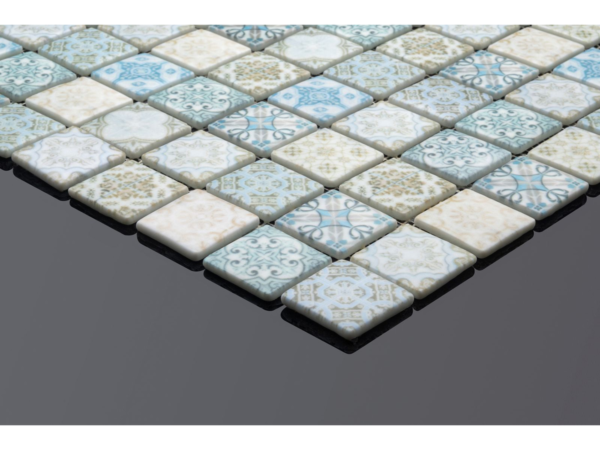 Patterned glass-ceramic mosaic for bathroom Delft – cladding example