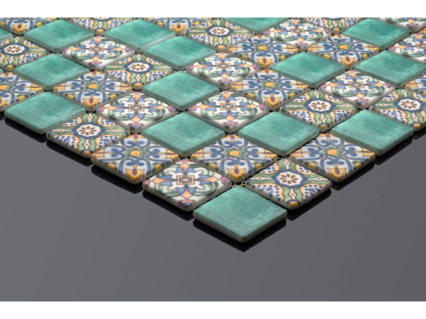 Patterned glass-ceramic mosaic for bathroom Jade – cladding example